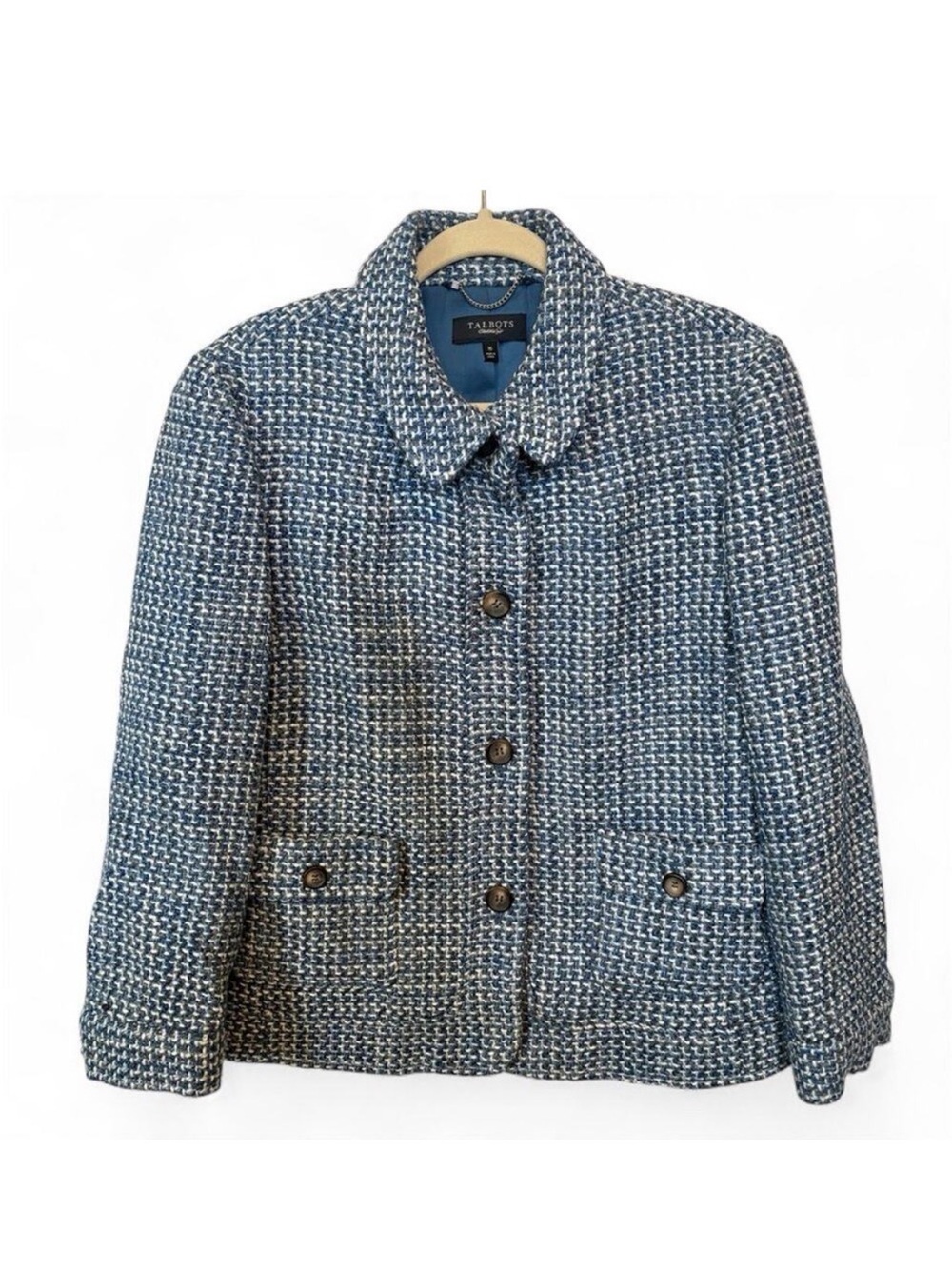 Talbots Blazer Jacket Women 16 Blue White Tweed Office Preppy Career Academia